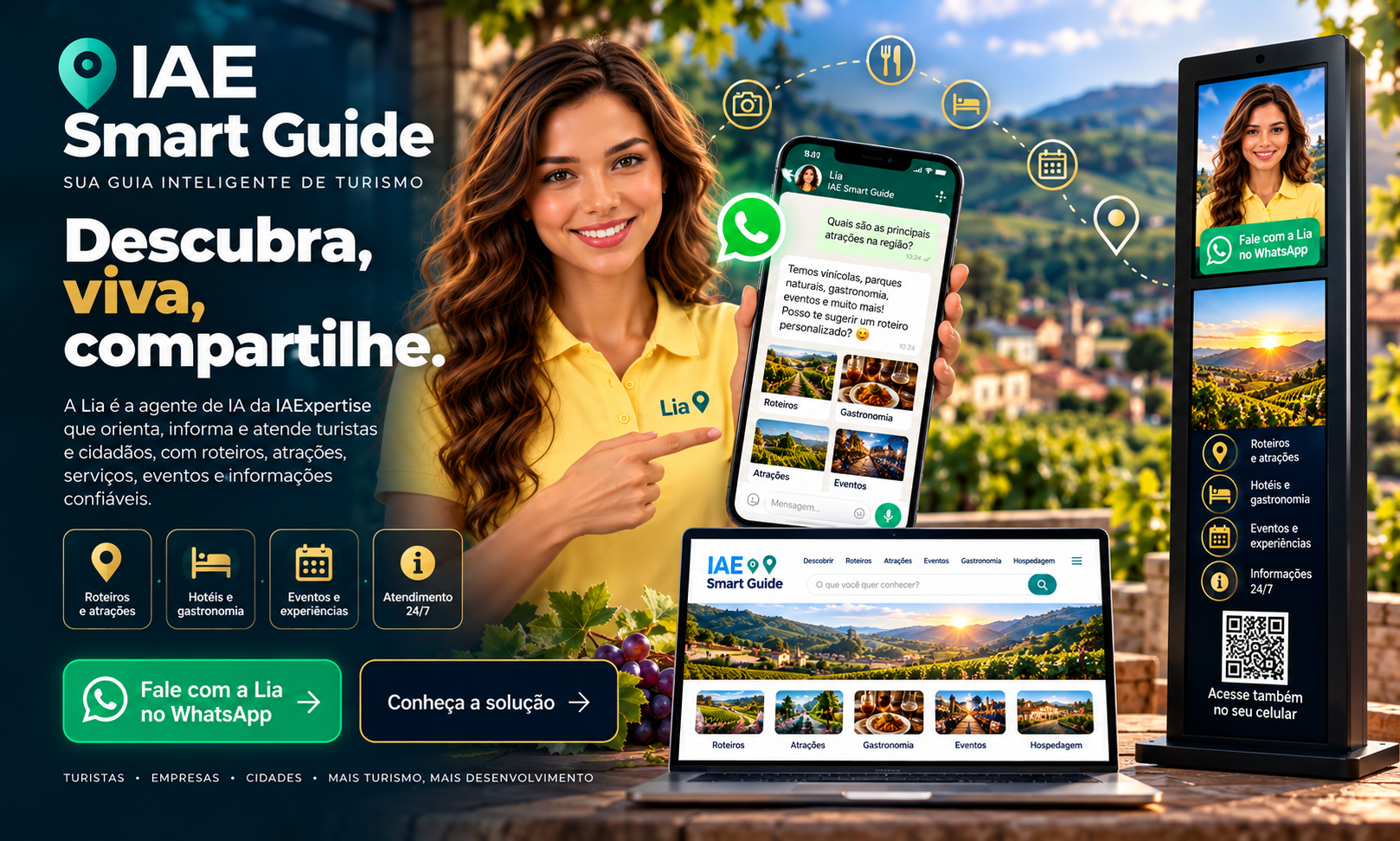 Lia apresenta o IAE Smart Guide com WhatsApp, WebApp e totem turístico